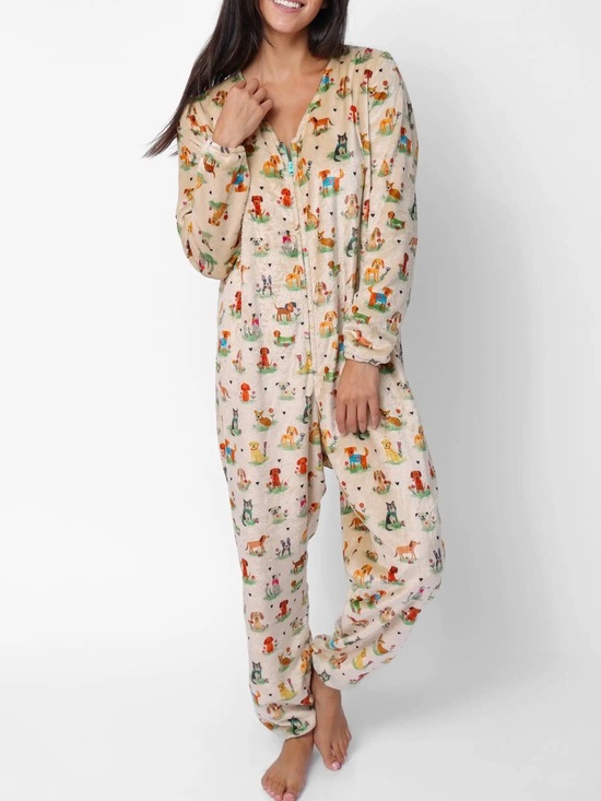 NATURAL LIFE Other - Natural Life Dog Park One Piece Pajamas Large Plush Fleece Dog Print Jumpsuit
